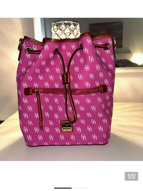 Dooney & Bourke Pink Logo Drawstring Bucket Shoulder Bag with Brown Trim